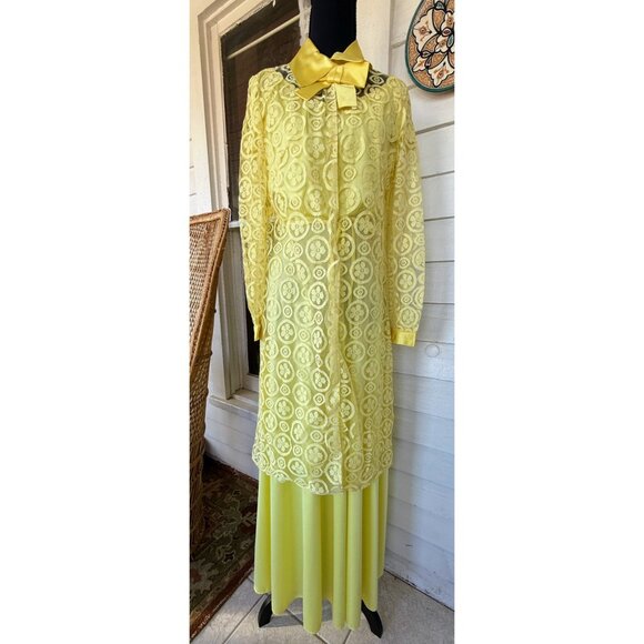Vintage 60's yellow Maxi Dress Match Lace Jacket /Bow Size XS - Picture 14 of 16
